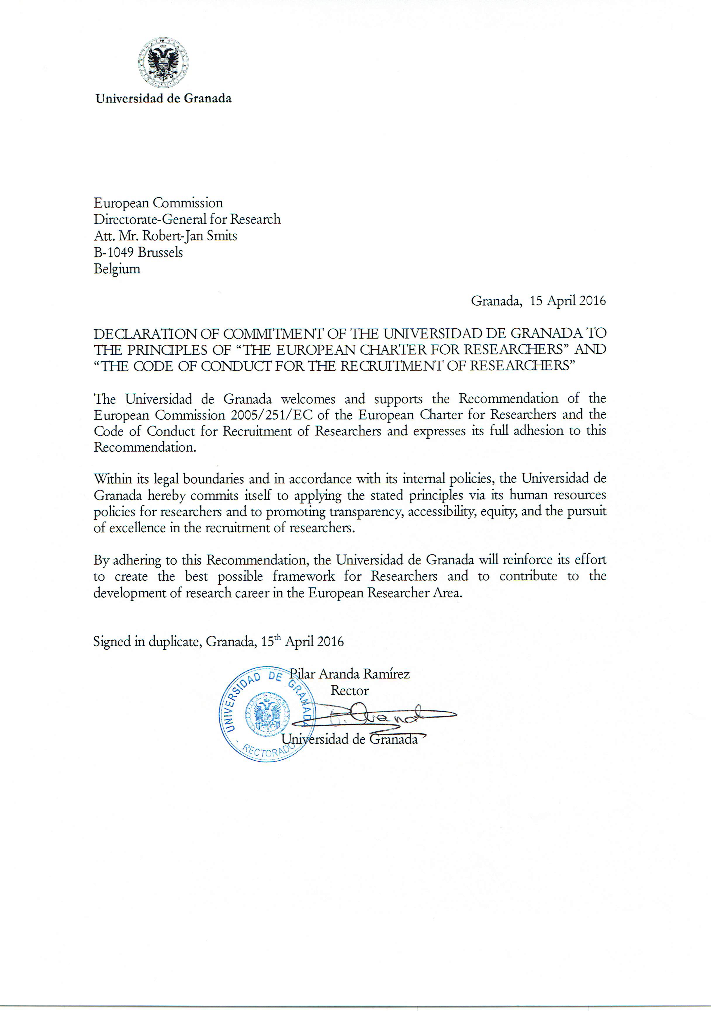 Letter of Commitment of the UGR to the European Strategy for Human Resources for Research (HRS4R)